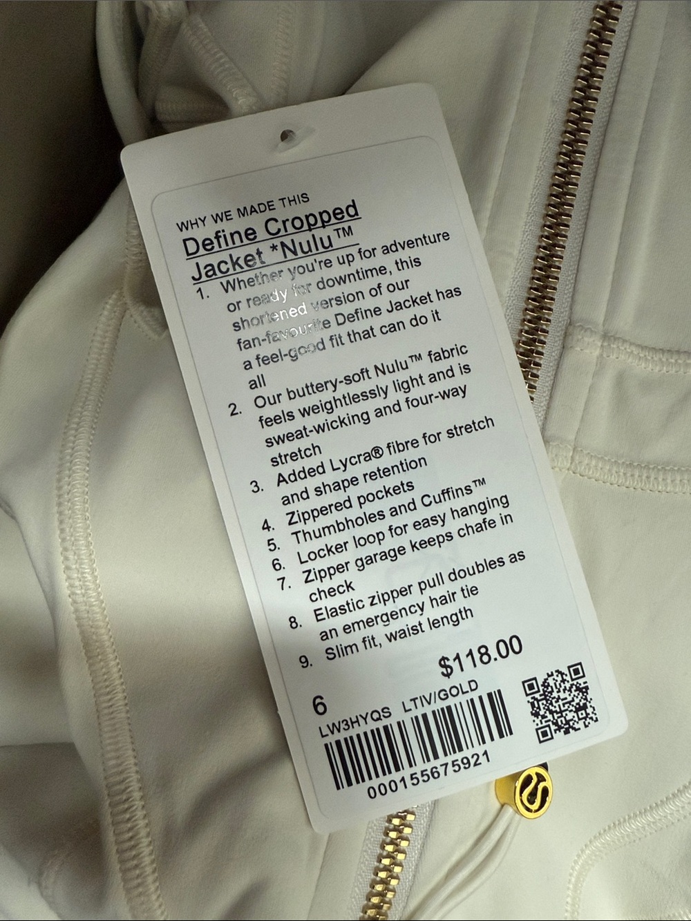 LuluLemon Define Cropped Jacket Nulu in Light Ivory/Gold - Picture 8 of 9